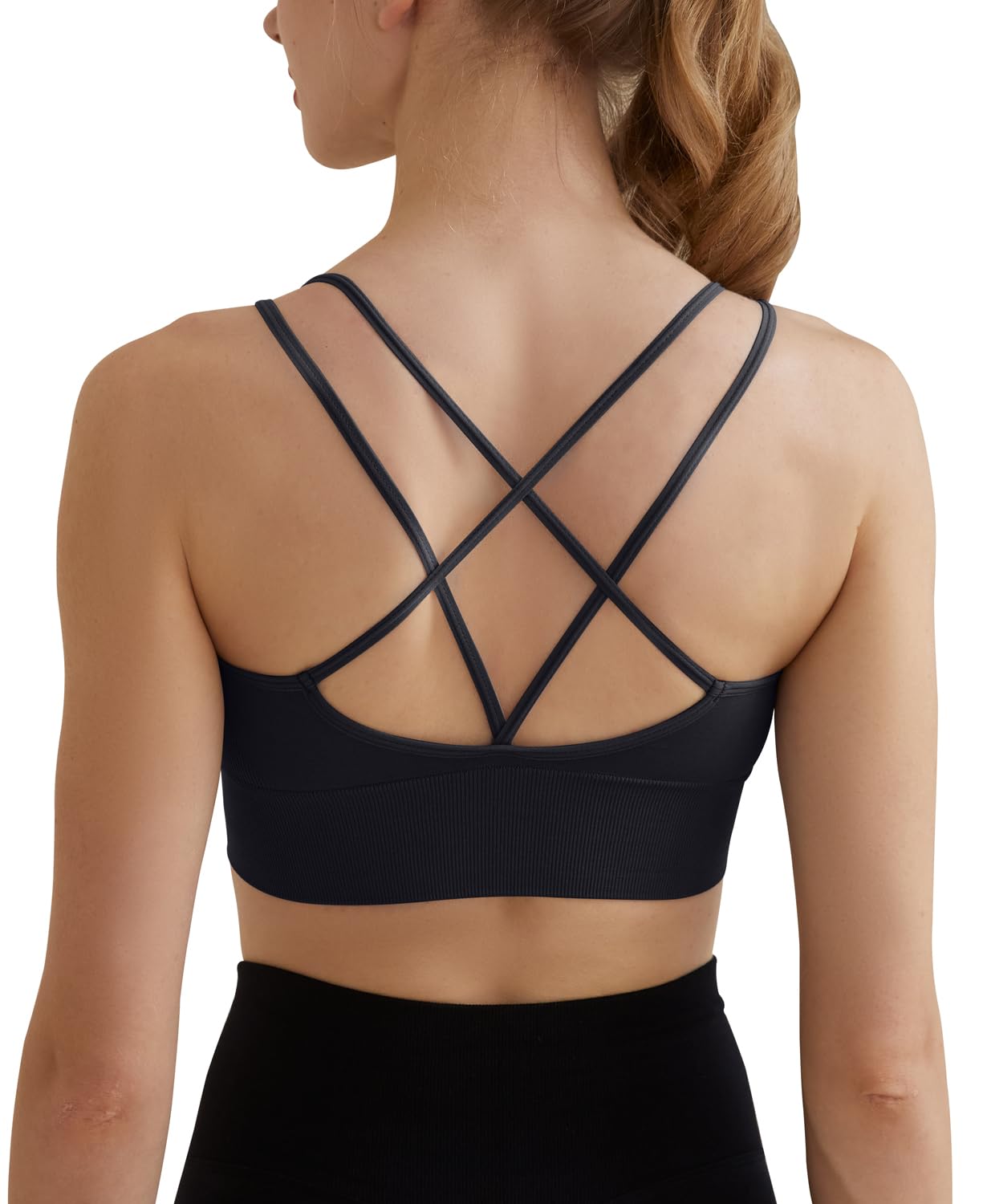 Memoryee Sports Bras Women Padded Cross Back Strappy Non Wired Push Up Medium Impact Vest Crop Top for Running Yoga Dance Black L
