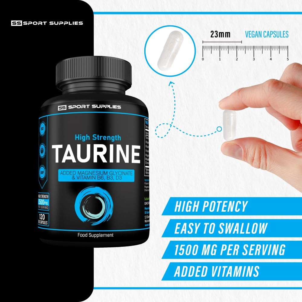 Taurine Supplement 1500mg Capsules Per Serving - Added Magnesium Glycinate, Vitamin B6, B3 and Vitamin D3-120 High Strength Taurine Capsules - (2 Capsules Per Serving)