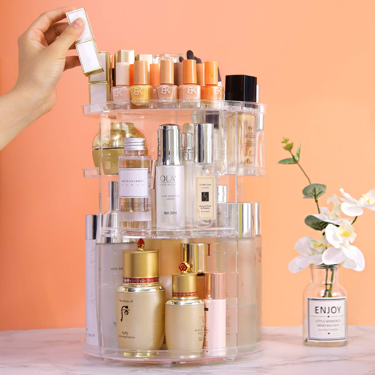 YIEZI 360 Rotating Acrylic Makeup Organiser, Multi-function Adjustable Spinning Holder, Storage Cosmetic, Skincare, Perfume and Accessories, Great for Beauty Vanity, Bedroom, Bathroom, Kitchen - Clear