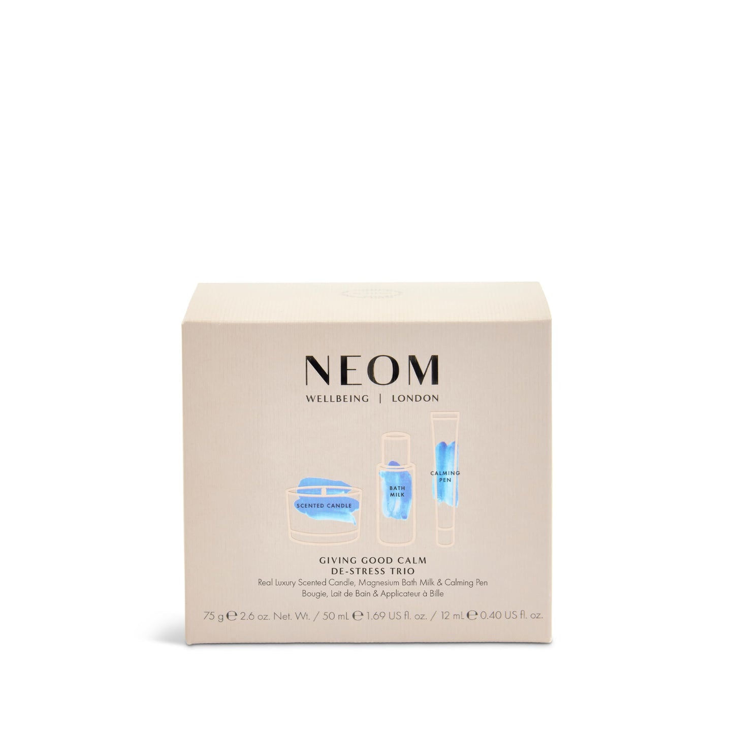 NEOM- Giving Good Calm De-Stress Trio Gift Set | Real Luxury Scented Candle, Magnesium Bath Milk & Calming Pen