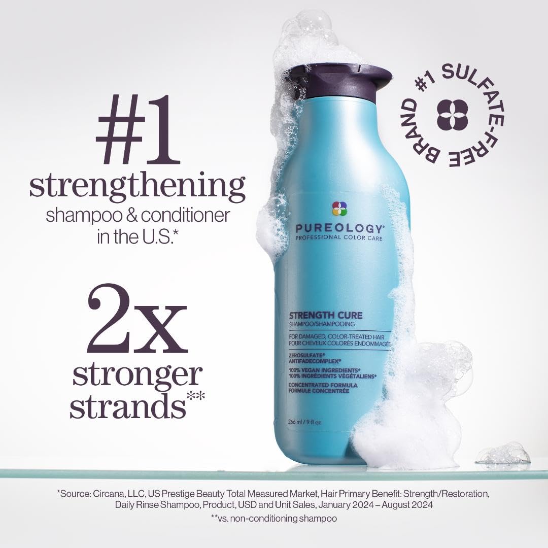 Pureology Strength Cure, Strengthening Shampoo and Conditioner Set, For Damaged, Colour Treated Hair, Vegan Formulas, Sulphate Free for a Gentle Cleanse