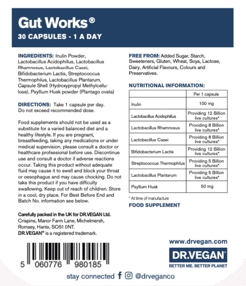 Gut Works® | 6 Prebiotics and Probiotic Strains | 50 Billion CFU Bacteria Live Cultures | Daily Support for Gut Health | 30 Vegan Capsules | One-A-Day | DR.Vegan