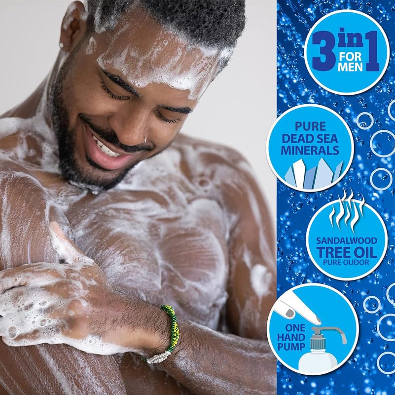 Dead Sea Collection Mens Shower Gel 3 in 1 with Sandalwood Oil and Dead Sea Salt - Body Wash, Shampoo for Men, Face Wash - Pack of 2 (1000 ml. each)