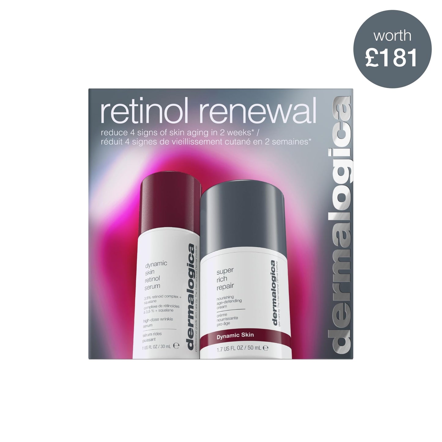 Dermalogica Retinol Renewal Gift Set, Full-Size Dynamic Skin Retinol Serum 30ml, Super Rich Repair Moisturiser 50ml, Skincare Set, Pack of 2