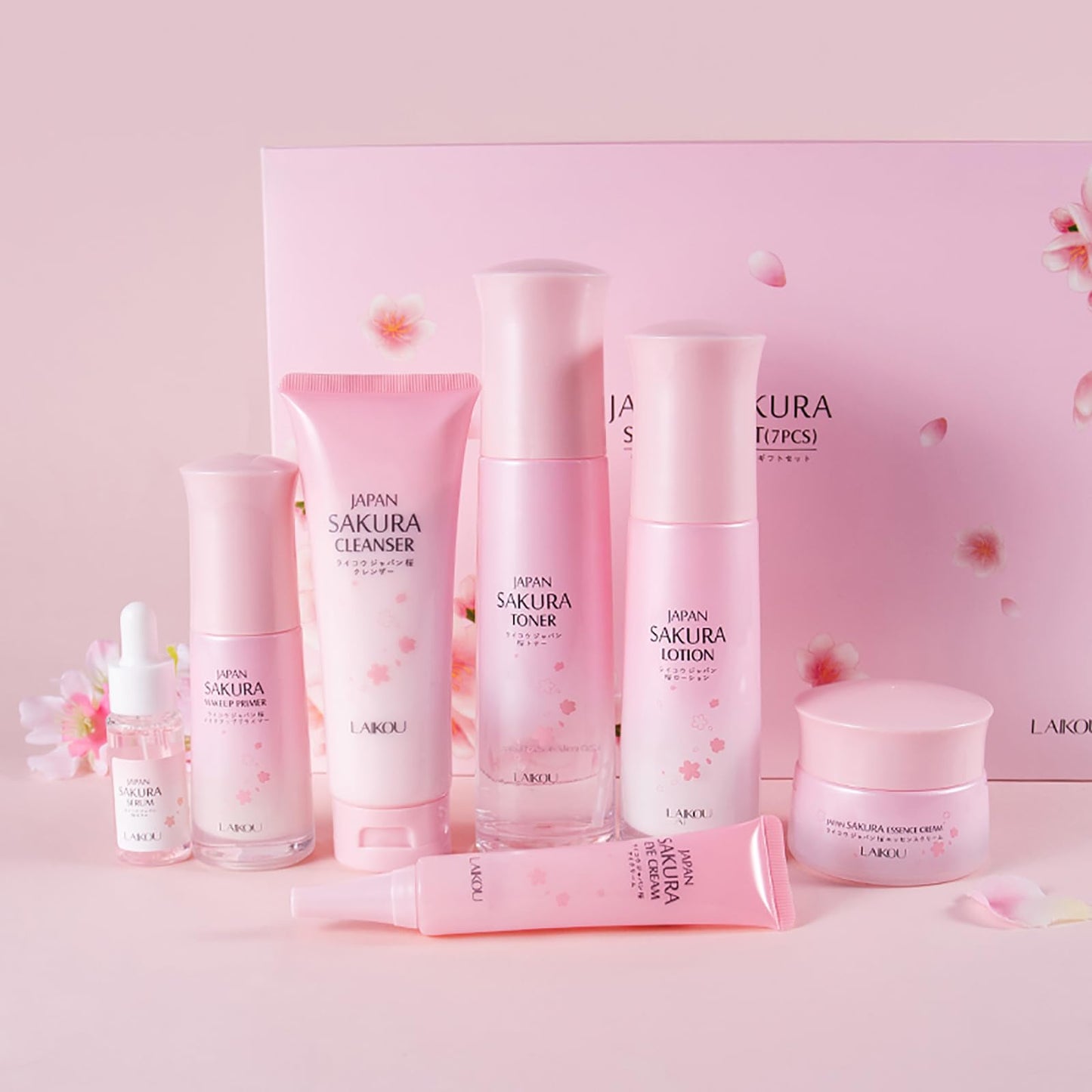 LAIKOU Japan Sakura Skincare Set, Luxury Facial Kit for Women Teenage Girls, Moisturizing & Anti Aging Skincare Gift Set - Cleanser, Toner, Lotion, Serum, Eye Cream, Face Cream, Makeup Primer, 7pcs