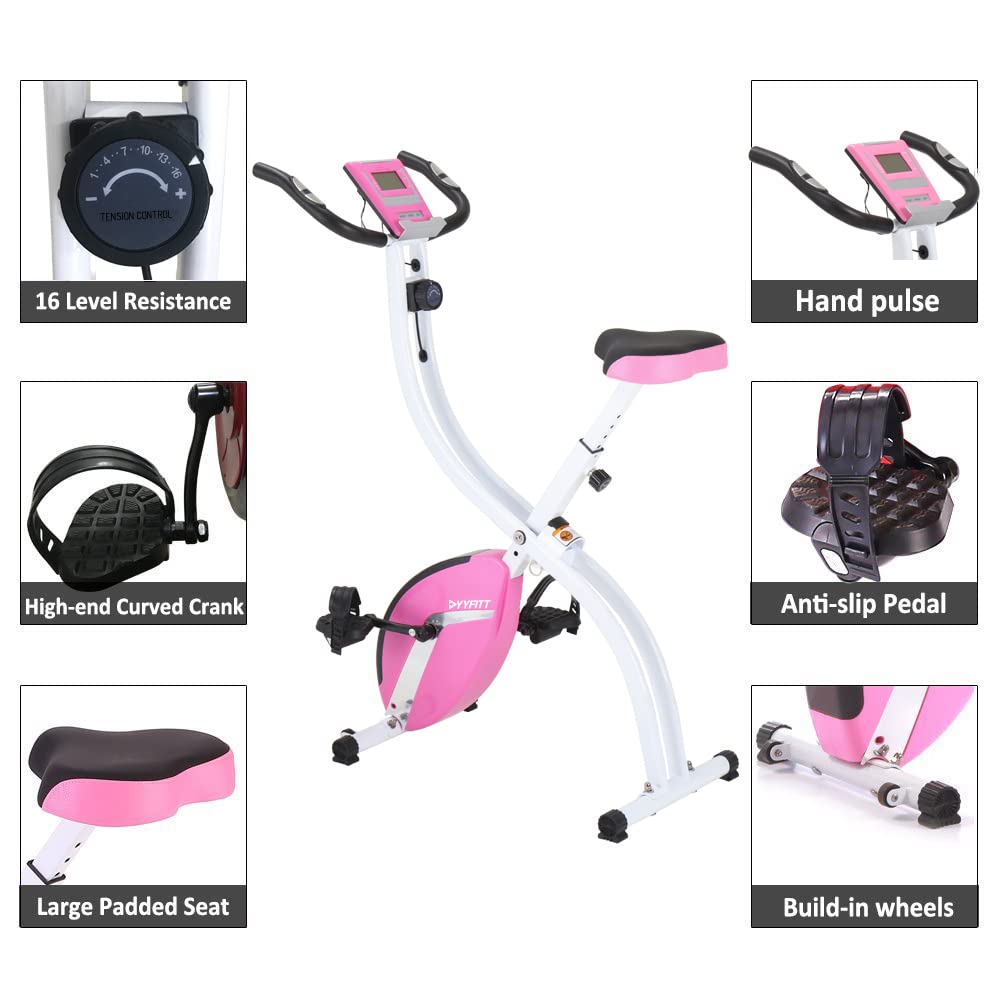 YYFITT Basic Foldable Fitness Exercise Bike with 16 Level Resistance, Countdown Exercise Monitor, Phone/Tablet Holder and Hand Pulse for Home Use (Pink)