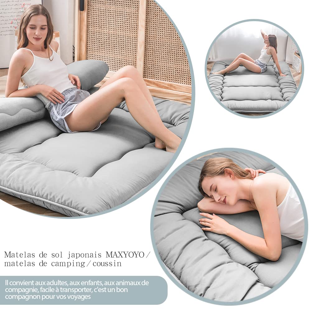 MAXYOYO Japanese Floor Futon Mattress, Thicken Tatami Mat Sleeping Pad Foldable Roll Up Mattress Dormitory Lounger Pillow Bed (Single, Gray)
