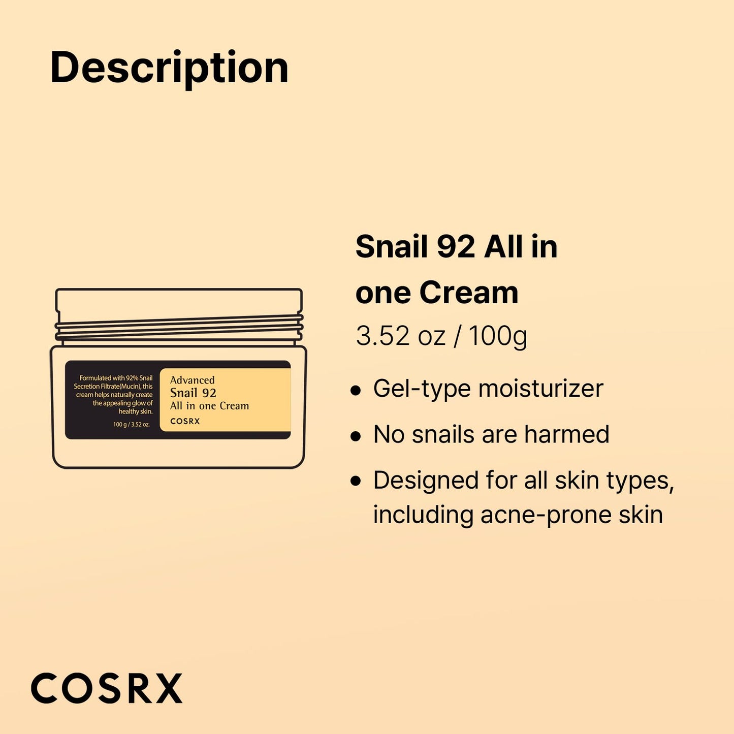 COSRX Advanced Snail 92 All in One Cream Korean Snail Mucin Face Cream & Gel Moisturiser for Dry Sensitive and Anti Aging Skin, Daily Soothing and Moisturising Cream, Korean Skincare 100g
