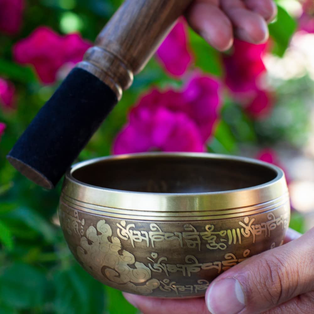 Tibetan Singing Bowl Set - Easy To Play - Om Design For Meditation Sound Chakra Yoga Healing 4 Inches By Himalayan Bazaar (Gold & Yellow)