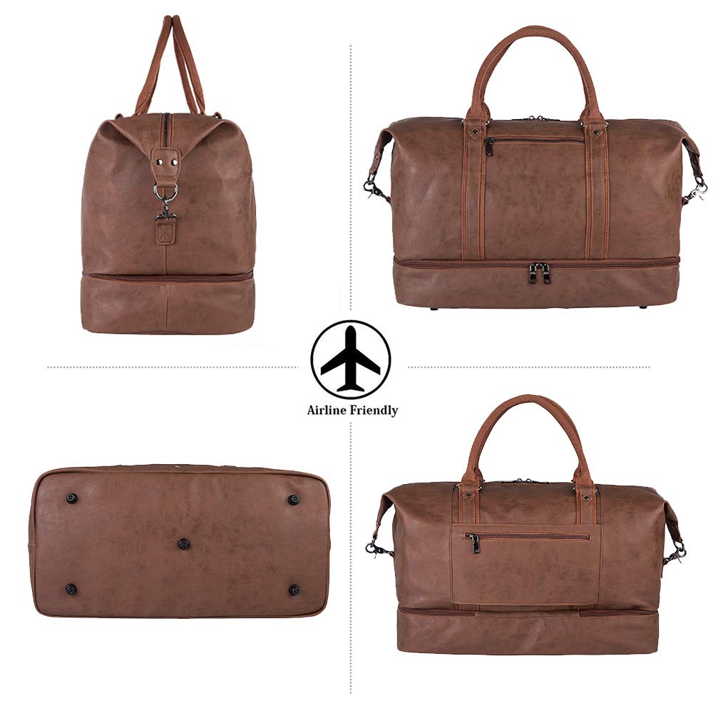 Leather Travel Bag with Shoe Pouch,Weekender Overnight Bag Waterproof PU Leather Large Carry On Bag Travel Tote Duffel Bag for Men or Women