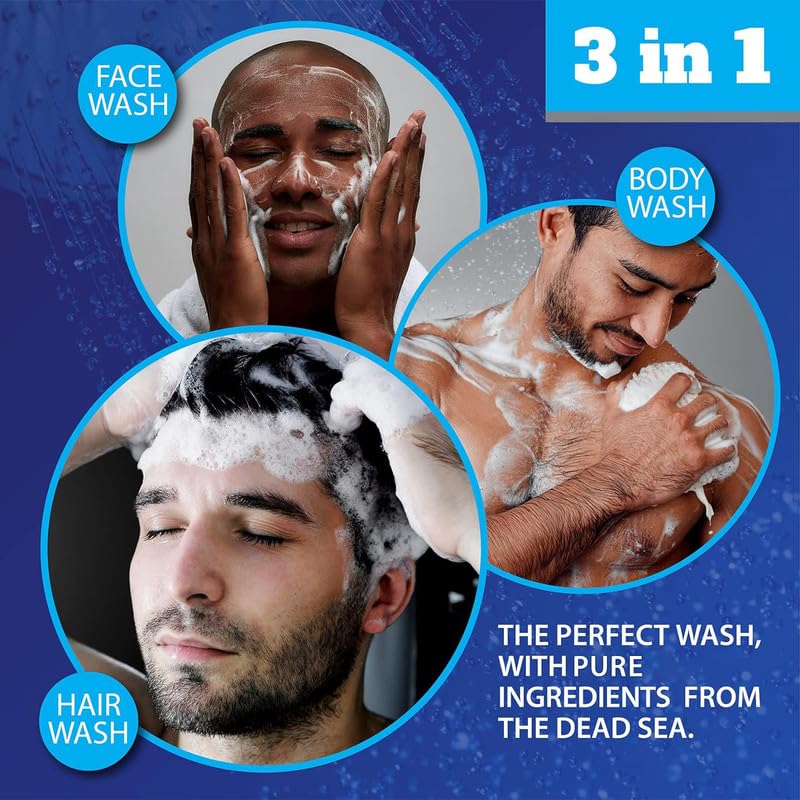 Dead Sea Collection Mens Shower Gel 3 in 1 with Sandalwood Oil and Dead Sea Salt - Body Wash, Shampoo for Men, Face Wash - Pack of 2 (1000 ml. each)