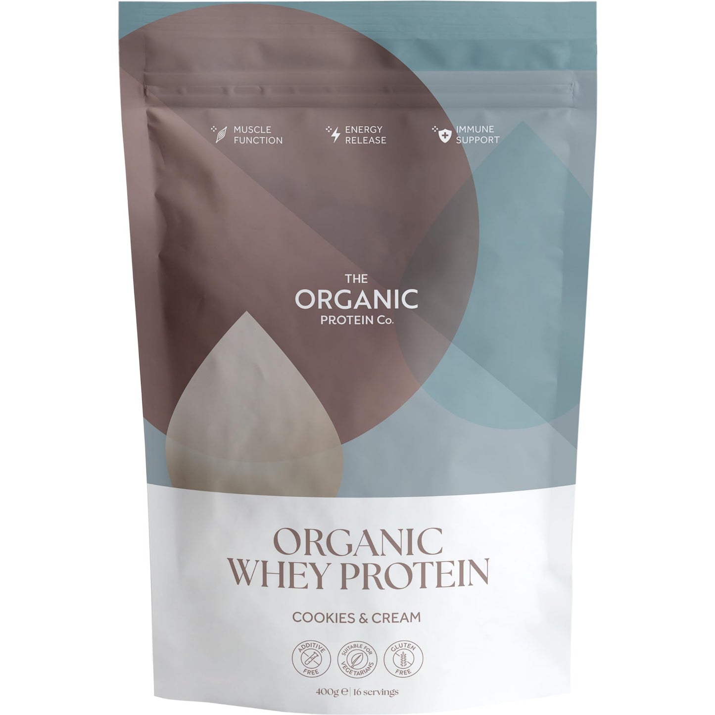 The Organic Protein Co - Cookies & Cream Organic Whey Protein Powder | Additive Free, Undenatured, Bioactive, UPF Free, No Emulsifiers, Primarily Grass Fed, Vegetarian, Gluten Free – 400g