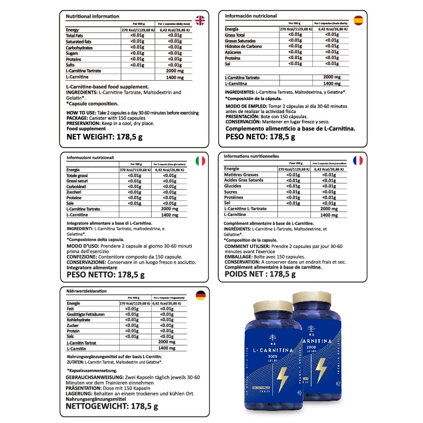Natural L CARNITINE 2000mg 150 Capsules 75 Days (only 2 Capsules per Day) High Concentration Improves Sports Performance. Weight Loss, Energy Resistance. CE Manufactured. N2 Natural Nutrition