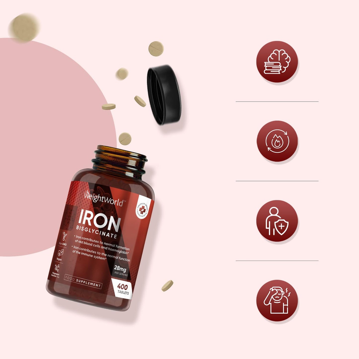400 Vegan Gentle Iron Energy Tablets High Strength 28mg for Men & Women (6+ Months Supply) - High Absorption Iron Bisglycinate Supplements for Tiredness