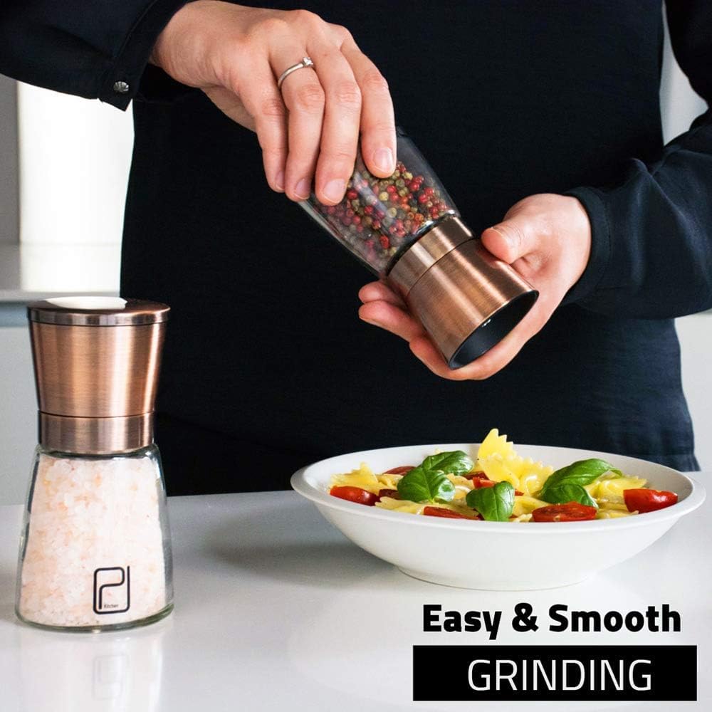 Premium Salt and Pepper Grinder Set w/Bamboo Holder - 6 oz, Copper Stainless Steel - S&P Spice Shakers - Refillable & Adjustable Coarseness Hand Mill for Spices & Seasonings - by PJC-Kitchen