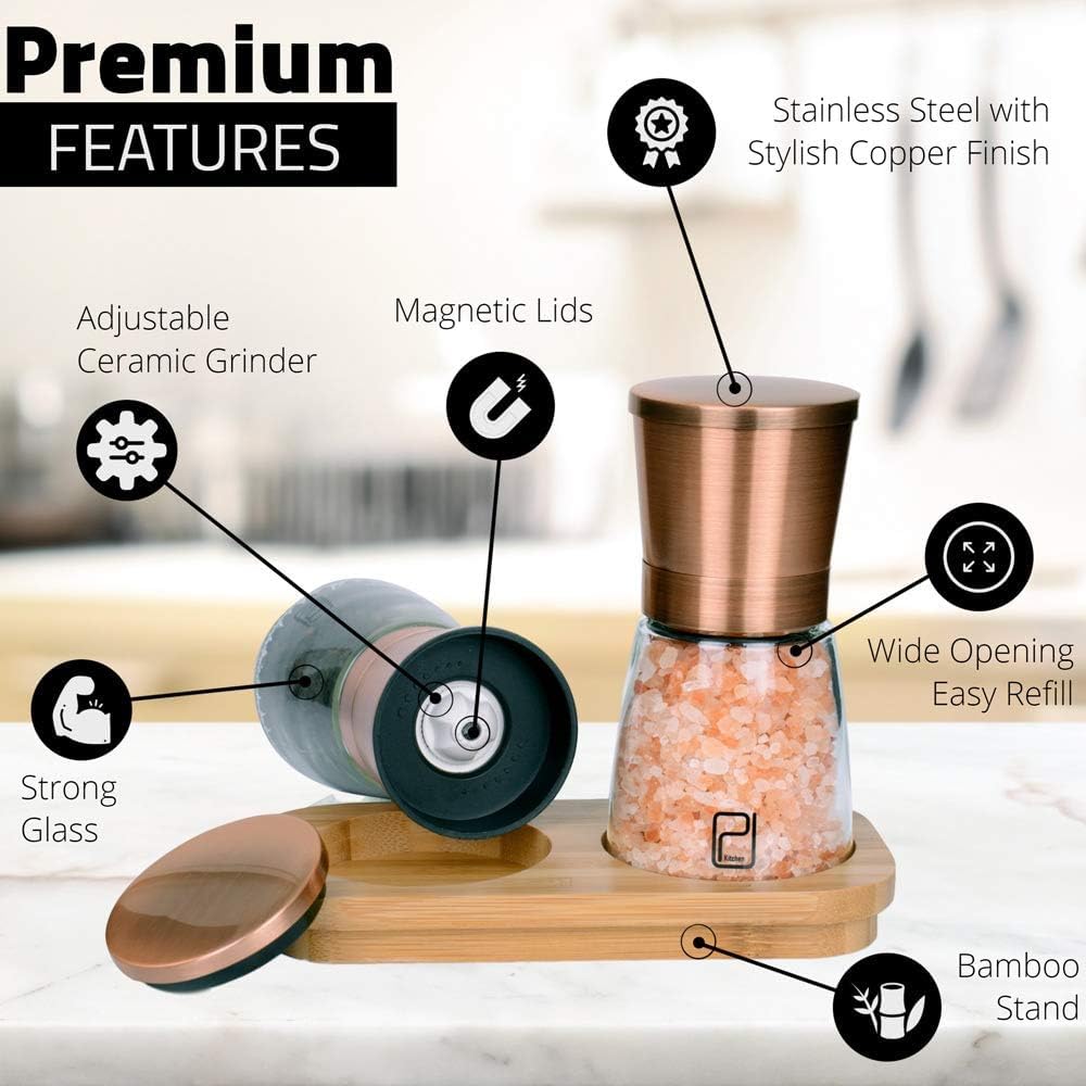 Premium Salt and Pepper Grinder Set w/Bamboo Holder - 6 oz, Copper Stainless Steel - S&P Spice Shakers - Refillable & Adjustable Coarseness Hand Mill for Spices & Seasonings - by PJC-Kitchen