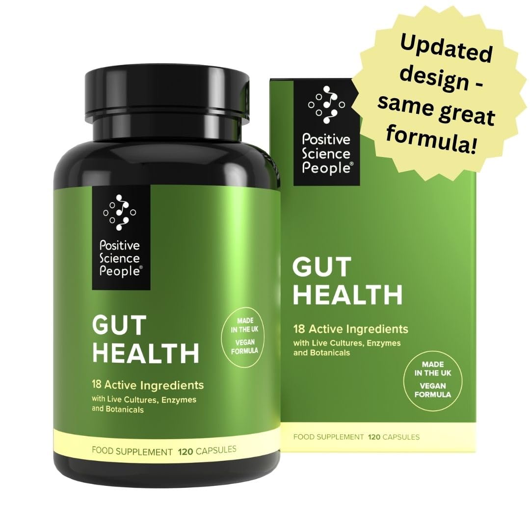 Gut Health Capsules, Superior 4-in-1 Blend of Probiotics, Prebiotics, Digestive Enzymes & Soothing Herbs to Restore Your Gut, 18 Essential Nutrients & Bio Cultures, 120 Capsules, 30 Day Supply, Vegan