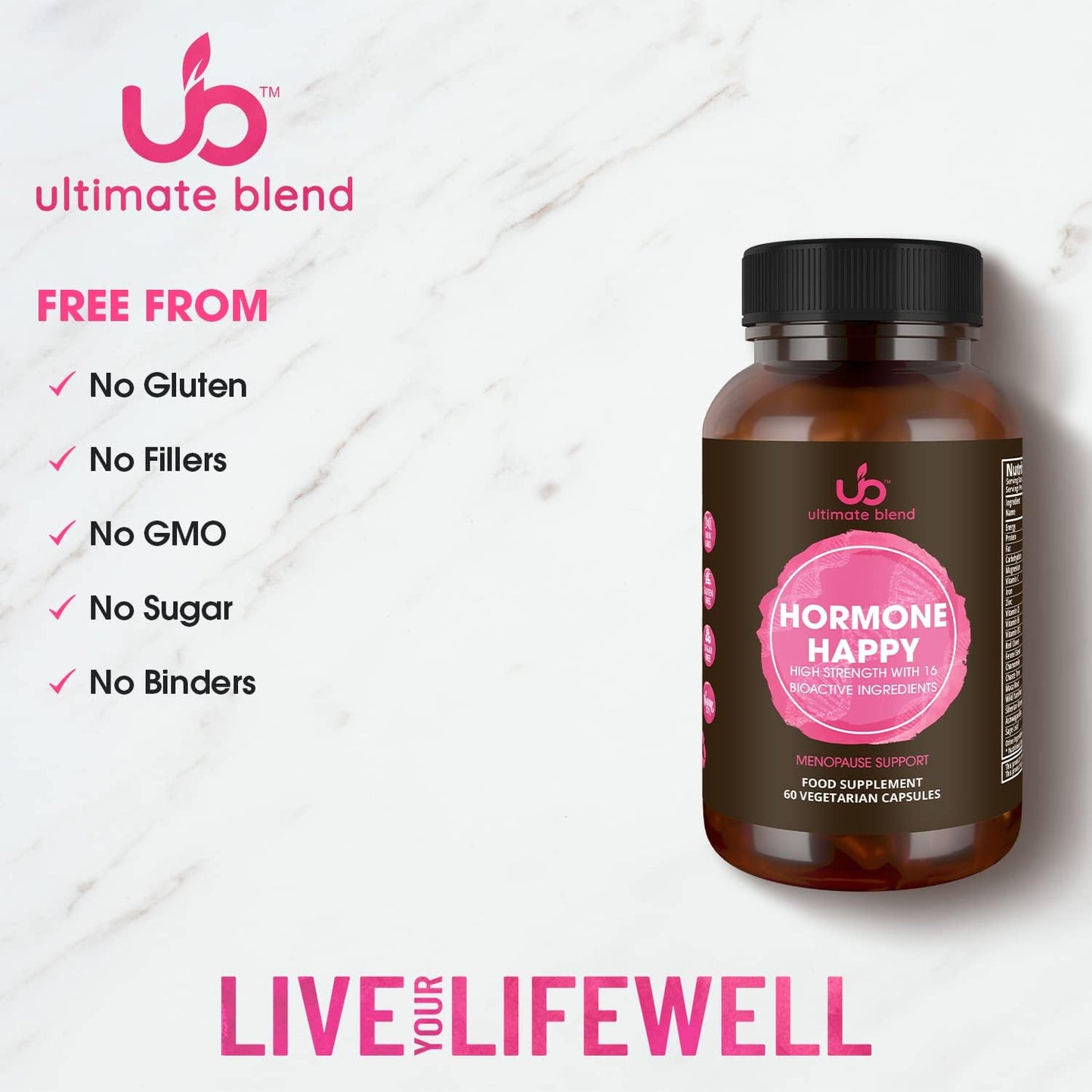 Hormone Happy Menopause Support Supplement | 60 Vegan Capsules | 16 Active Ingredients | High-Strength Daily Formula for Energy, Hormonal Balance & Immune Support | by Ultimate Blend