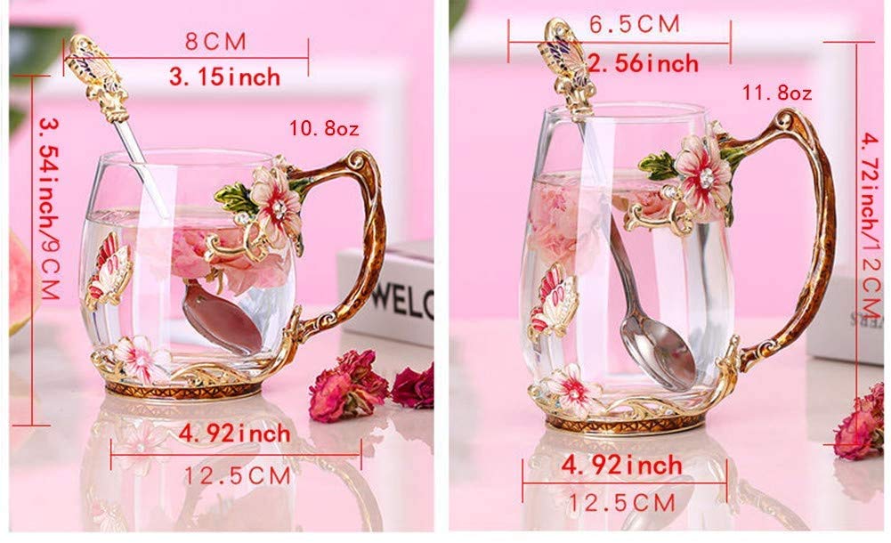 Luka Tech Handmade Enamel Butterfly Flower Glass Coffee Mugs Tea Cup with Spoon,Birthday Christmas Gifts for Her Women Mum Friends Teacher Valentines Mothers Day(Red)