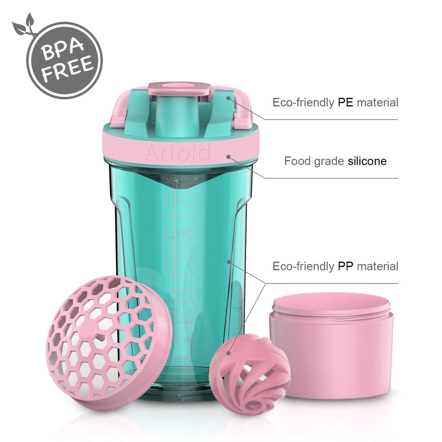 Artoid Mode 720ml Inspirational Sports Fitness Workout Protein Shaker Bottle with Twist and Lock Protein Box Storage, Dual Mixing Technology with Shaker Balls & Mixing Grids - BPA Free