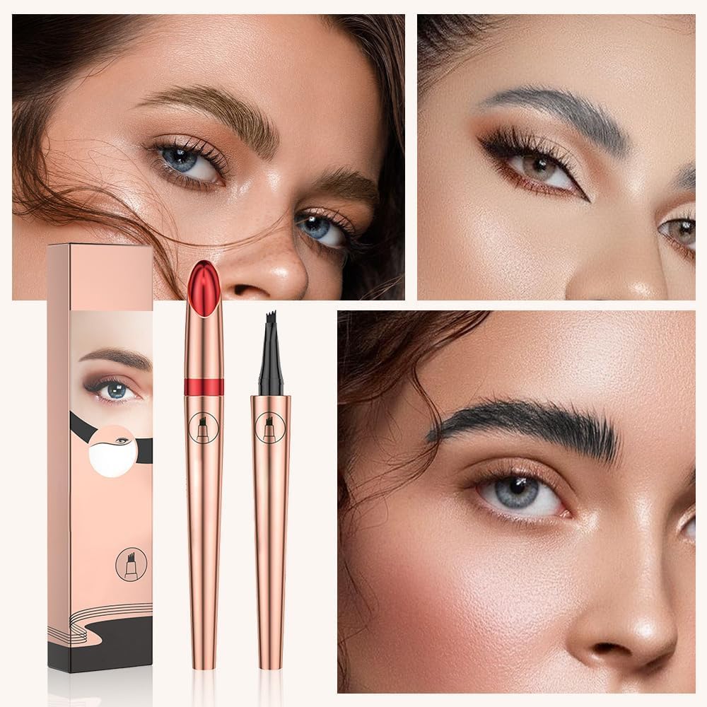 2025 New 3D Microblading Eyebrow Pencil with 4 Forked Tip Applicator, Eyebrow Pencil Waterproof, Long-lasting Magic Eye brow Pen Effortlessly Creates Natural-Looking Brows (Dark brown)