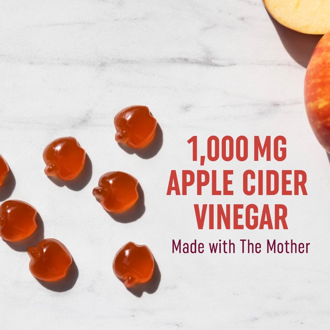 Vegan Apple Cider Vinegar Gummy 1000mg with The Mother | Weight Management, Metabolism, Energy & Digestion Support with Vitamin B6 & B12 | Thermogenic ACV Gummies | 60 Apple Cider Vinegar Gummies