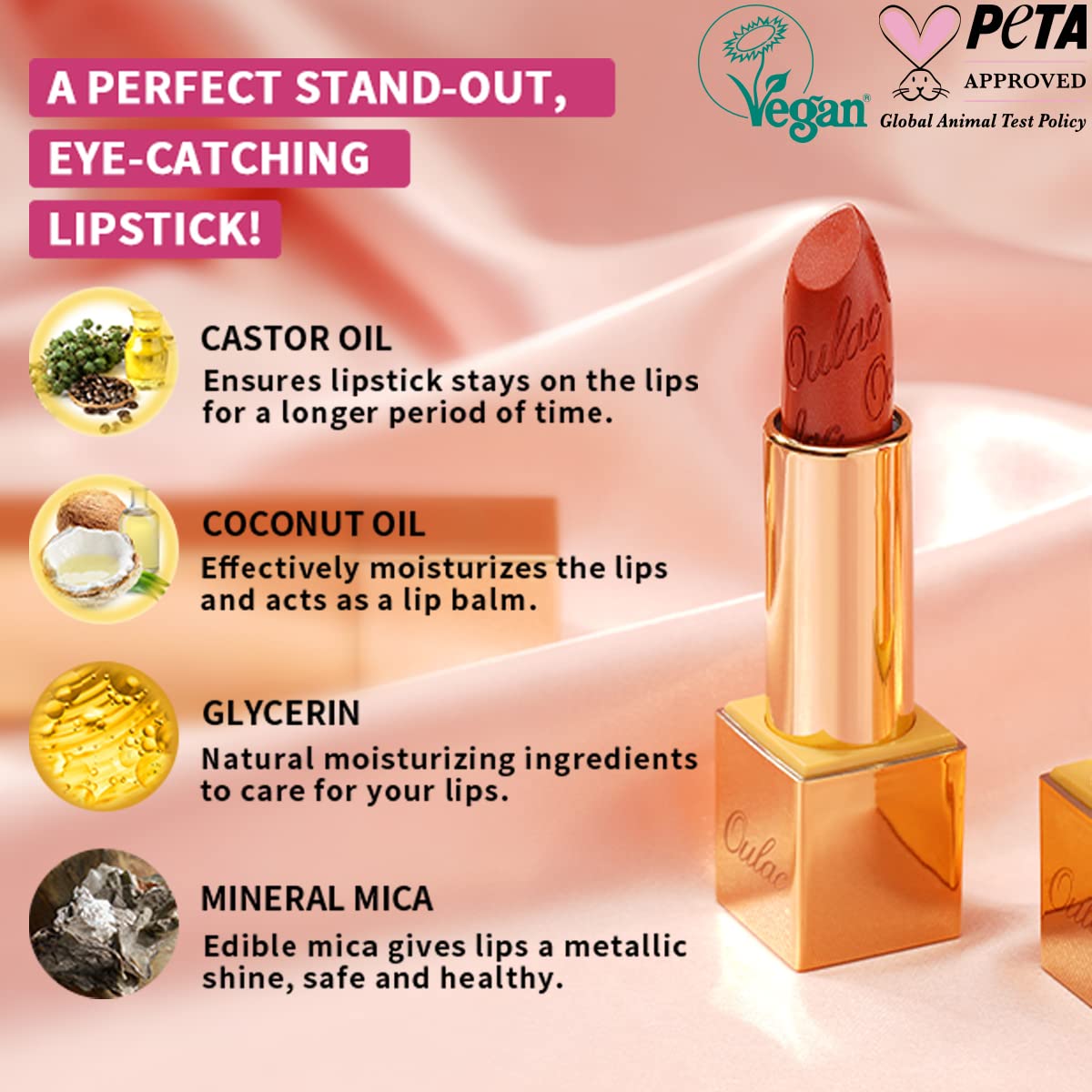 OULAC Metallic Shine Glitter Lipstick, Pink High Impact Lipcolor, Lightweight Soft and Ultra Hydrating, Long Lasting, Vegan & Cruelty-Free, Full-Coverage Lip Color 4.3 g/0.15 HIP & HIPPIE(11)
