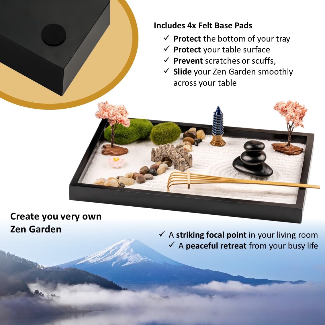 Island Falls Home Zen Garden Kit 11x8 Beautiful Premium Japanese Mini Sand Garden Meditation Gift Set for Home & Office Desk Accessories. Zen Sand, 6 Tools, 15 Features. Mindfulness Gifts Decor Women