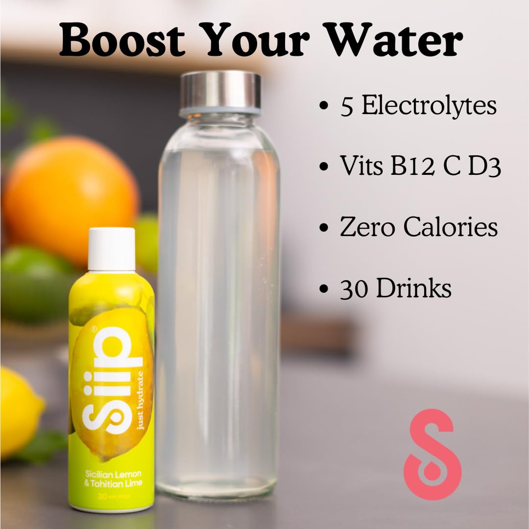 Siip Electrolytes Water Enhancer, Makes 30 Drinks, with Vitamin B12, Vitamin C, Vitamin D3, Magnesium, Zinc, Sicilian Lemon & Tahitian Lime Flavour
