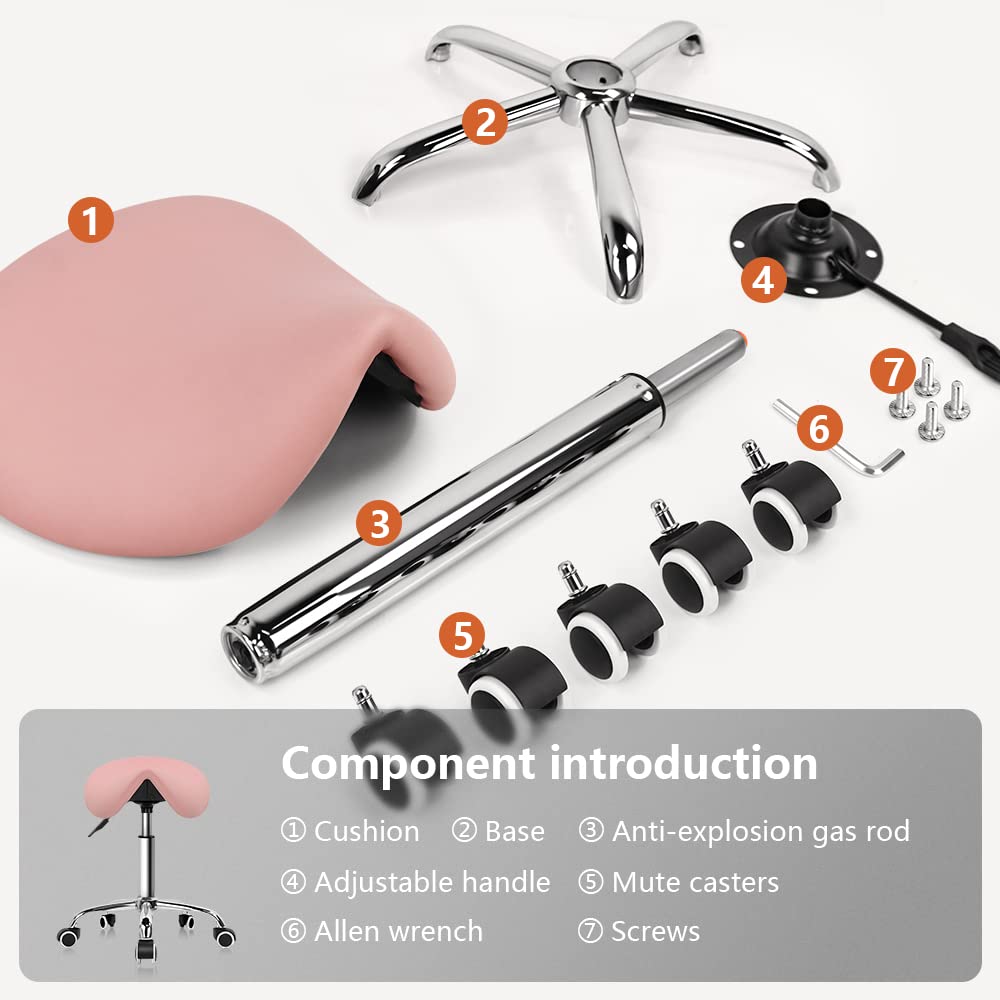 KKTONER Rolling Saddle Stool PU Leather Swivel Adjustable Rolling Stool with Wheels Salon Chair (Pink)