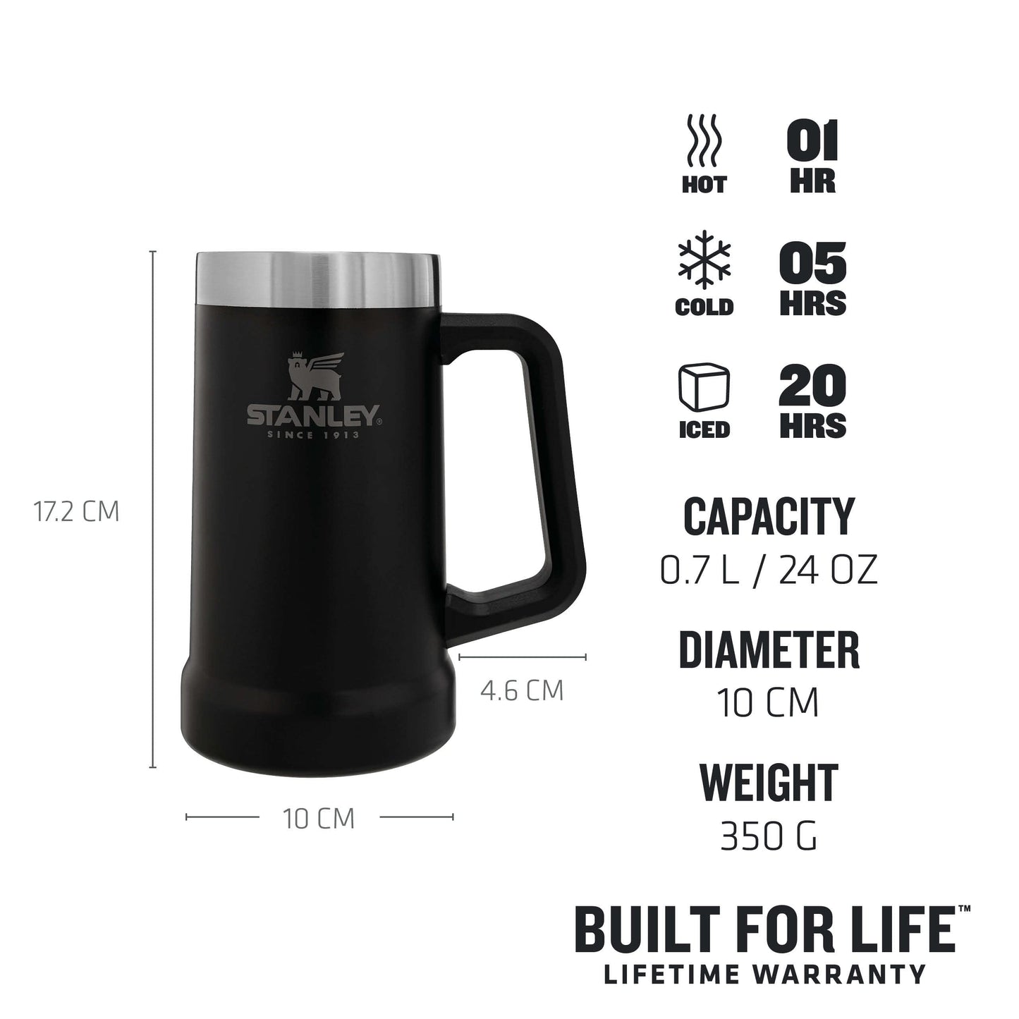 Stanley Adventure Vacuum Beer Stein 0.7L - Travel Mug Keeps Drinks Cold For 7 Hours - Stainless Steel Thermal Cup With Handle - Dishwasher Safe - Matte Black