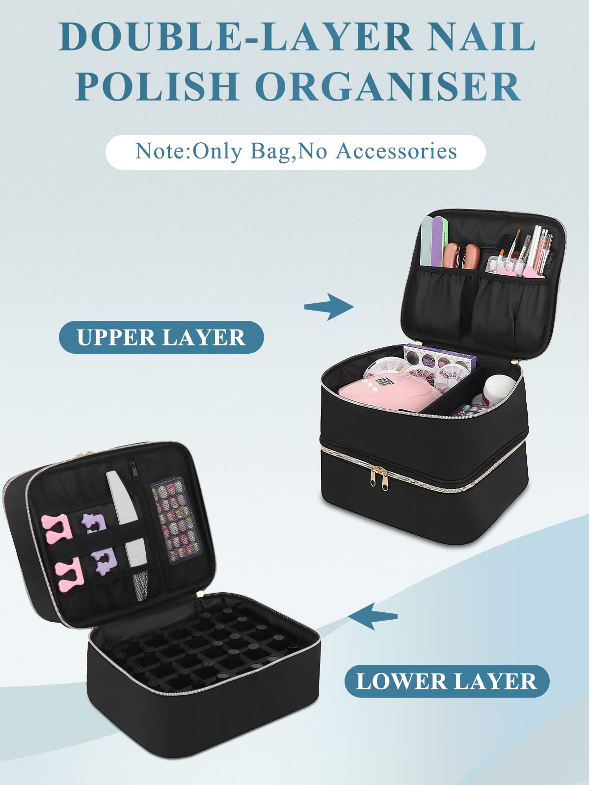 Nail Polish Organiser Makeup Bag: Double Layer Travel Nail Varnish Storage Bags Holds 30 Bottles(15ml-0.5fl.oz) and A Nail Lamp - Nail Polish Storage Vanity Case(Bag Only)
