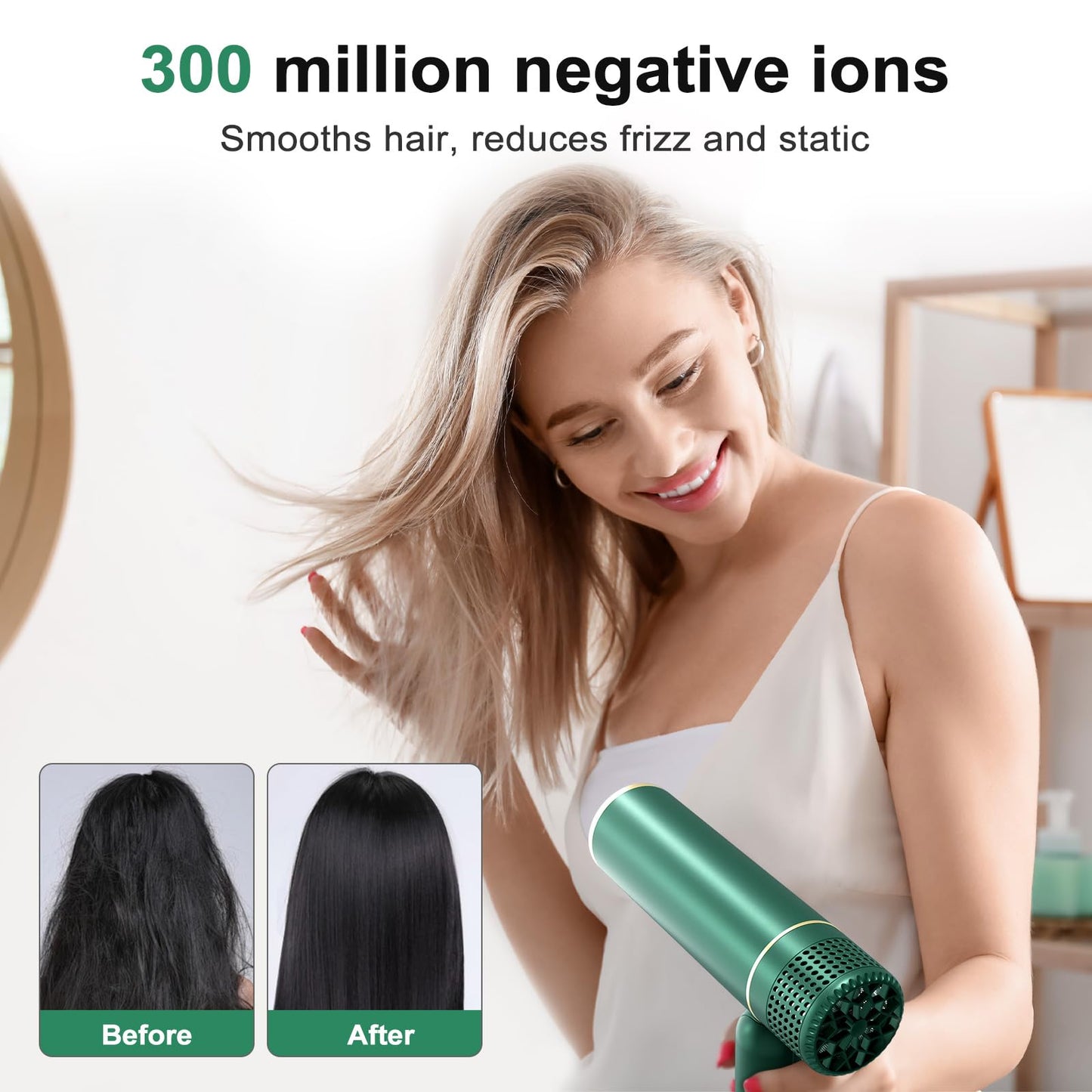 7MAGIC Travel Ionic Hair Dryer, Lightweight Foldable Blow Dryer with Diffuser for Curly Hair & Constant Temperature Care, Anti-Hair Suction Technology Hairdryers for Women, Green