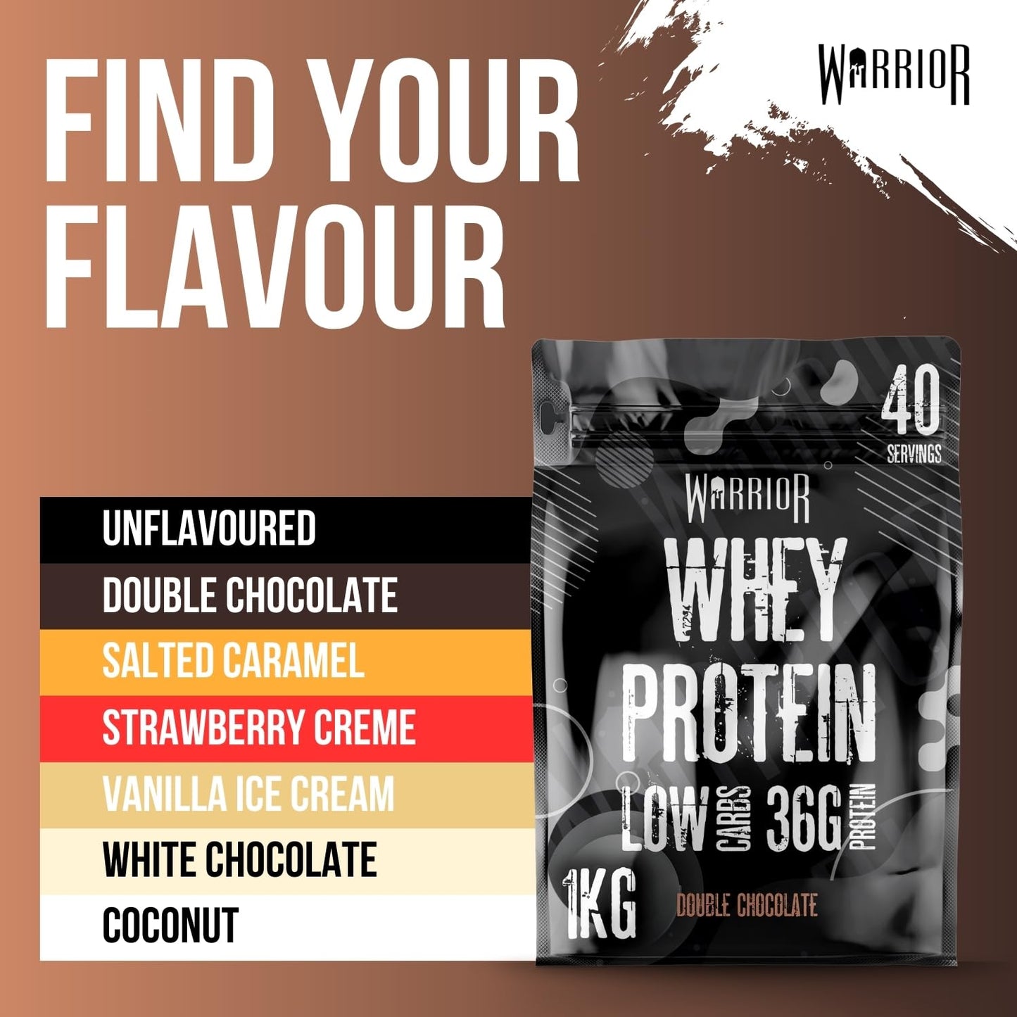 Warrior Whey Protein Powder – Up to 36g* of Protein Per Shake – Low Sugar, and Low Carbs – GMP Certified (Double Chocolate, 1kg)