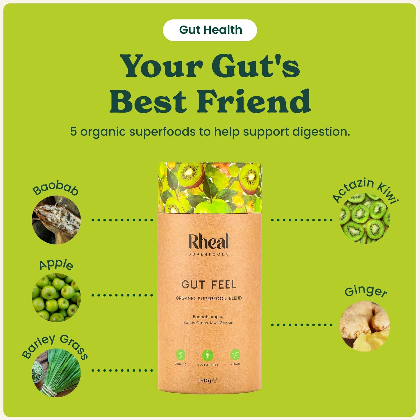 Rheal Gut Feel 150g | 30 Servings | Supports Digestion & Gut Health | Source of Fibre | 600mg Actazin Kiwi | Organic Superfoods with Ginger & Baobab | Certified B Corp