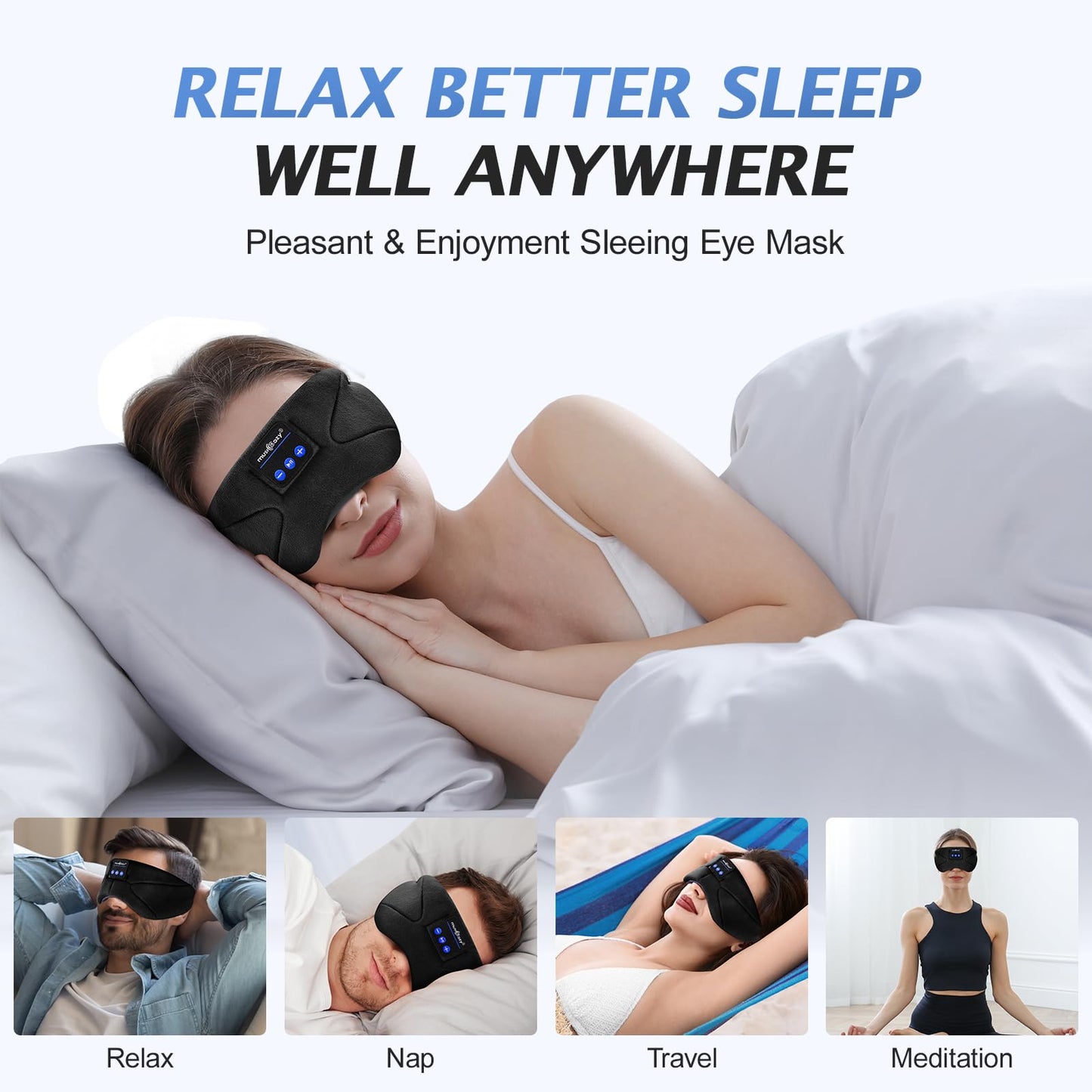 Musicozy Sleep Mask Headphones Bluetooth Sleep Mask,Soft Eye Mask Headphones for Sleeping/Relaxation -100% Blackout Sleep Masks with Headphones for Travel/Meditation/Yoga,Unisex Gifts for Men Women