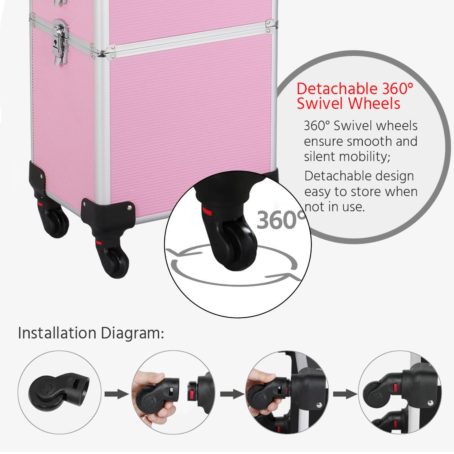 Yaheetech 4 in 1 Beauty Case Rolling Cosmetics Organiser Makeup Vanity Case Lockable Hairdressing Trolley Pink