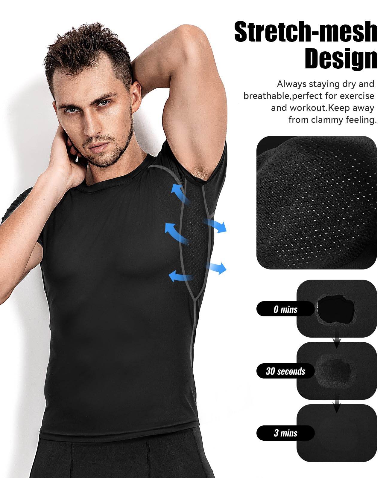 Niksa 3 Pack Compression Tops for Men Short Sleeve Mens Running Top Mesh Design Quick Dry Base Layer Top for Gym Sports Fitness Workout Cycling,Training, Black and Grey,XL
