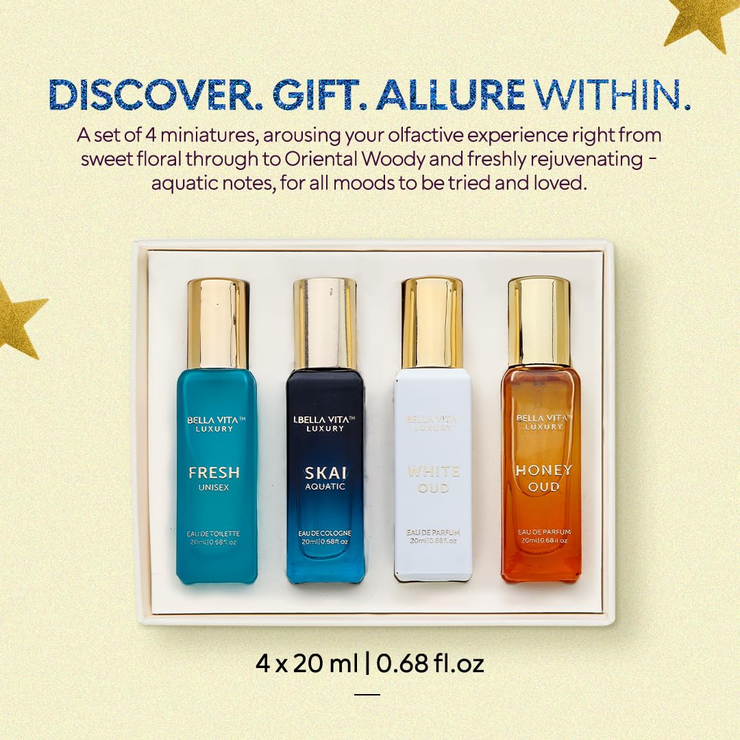 BellaVita Luxury Unisex Cologne Gift Set (4x20ml) | Vanilla & Oud Fragrance Includes Honey OUD, SKAI, FRESH & White OUD | Mini Perfumes & Spicy Vanilla Perfume Oil | Travel Size Edition Perfume
