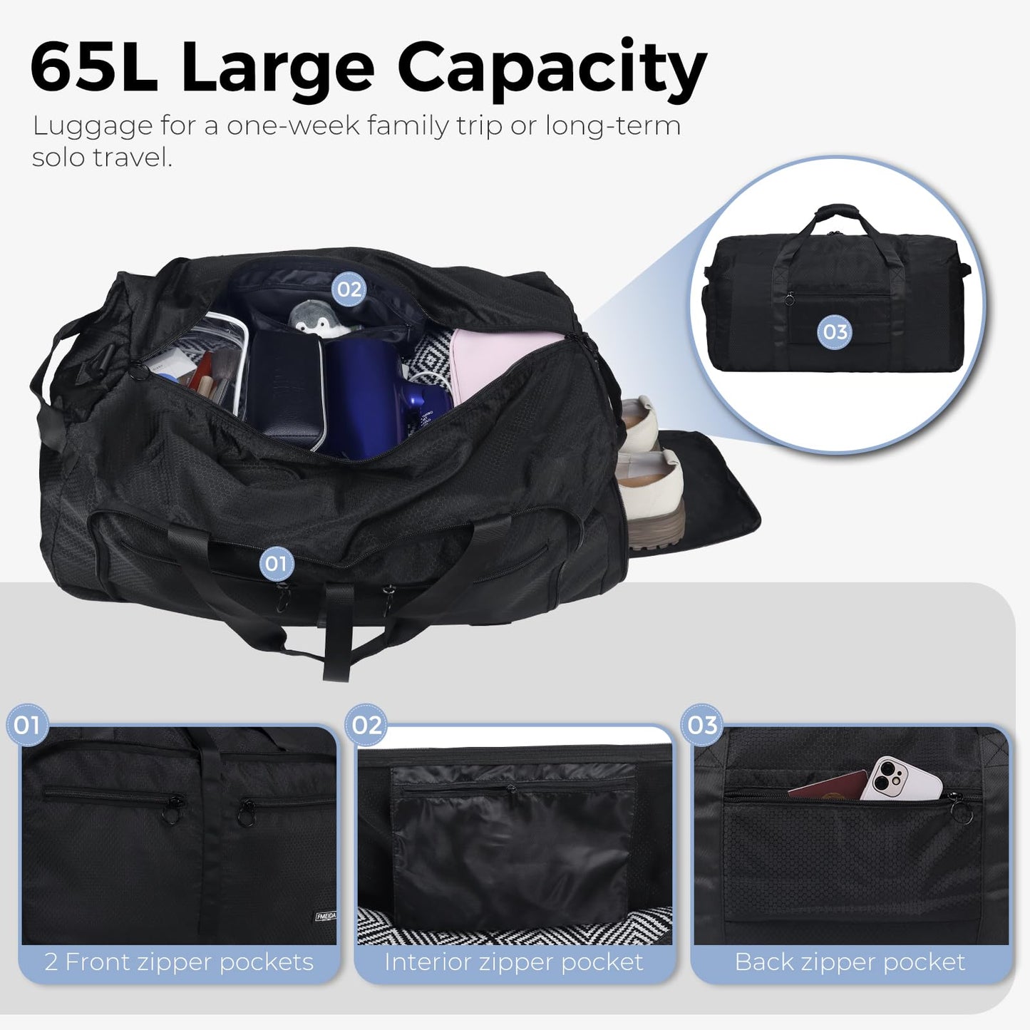 Fmeida 65L Foldable Travel Duffle Bag, Lightweight Waterproof Weekend Luggage with Shoes Compartment, Large Overnight Holdall Tote, Black