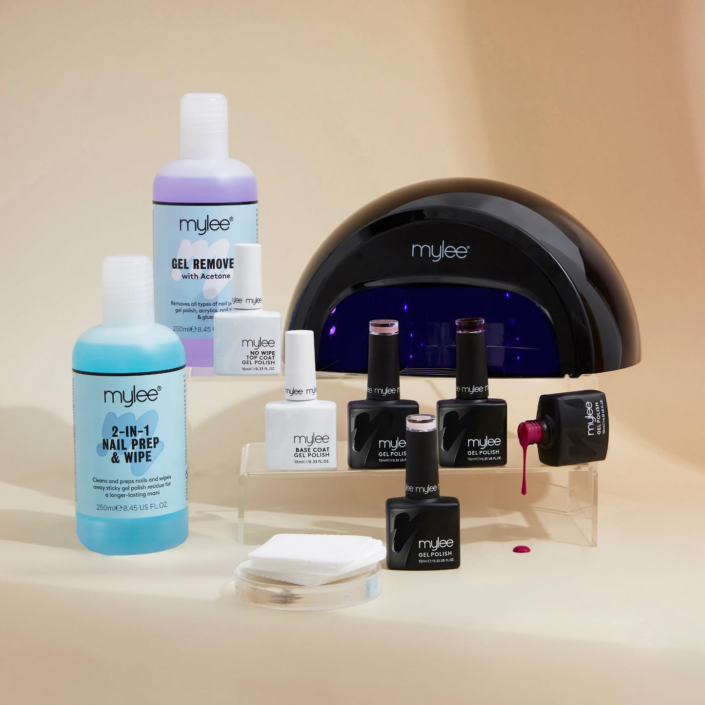 Mylee Complete Professional Gel Nail Polish LED Lamp Kit, 4x Colours, Top & Base Coat, PRO Salon Series Convex Curing® LED Lamp, Prep & Wipe, Gel Remover (Black Lamp)