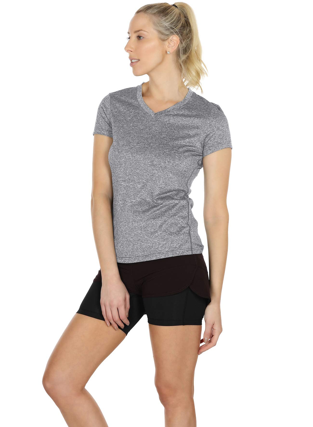 icyzone Women's Sport T-Shirt Yoga Fitness V-Neck Short-Sleeve Tops Workout Running Shirt, 3 Pack (XL, Black/Granite/Blue)