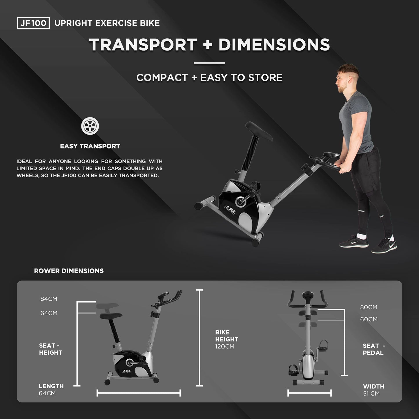 JLL® JF100 Home Exercise Bike, 2025 New Adjustable Magnetic Resistance Cardio Workout, 4kg Bi-Directional Flywheel, Display with Heart-Rate Sensor, Adjustable Handlebars & Seat Height