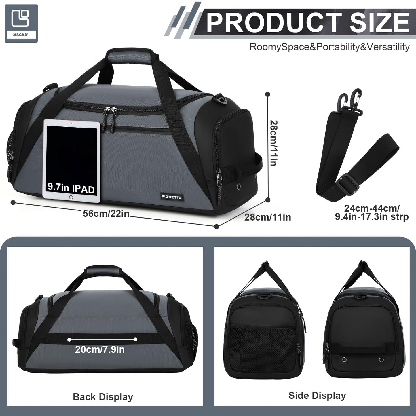 FIORETTO 45L Mens Sports Gym Bag with Wet Pocket & Shoe Compartment, Travel Duffle Bag Overnight Bag with Padded Shoulder Strap, Water-Resistant Holdall for Swimming, Basketball, Football Grey