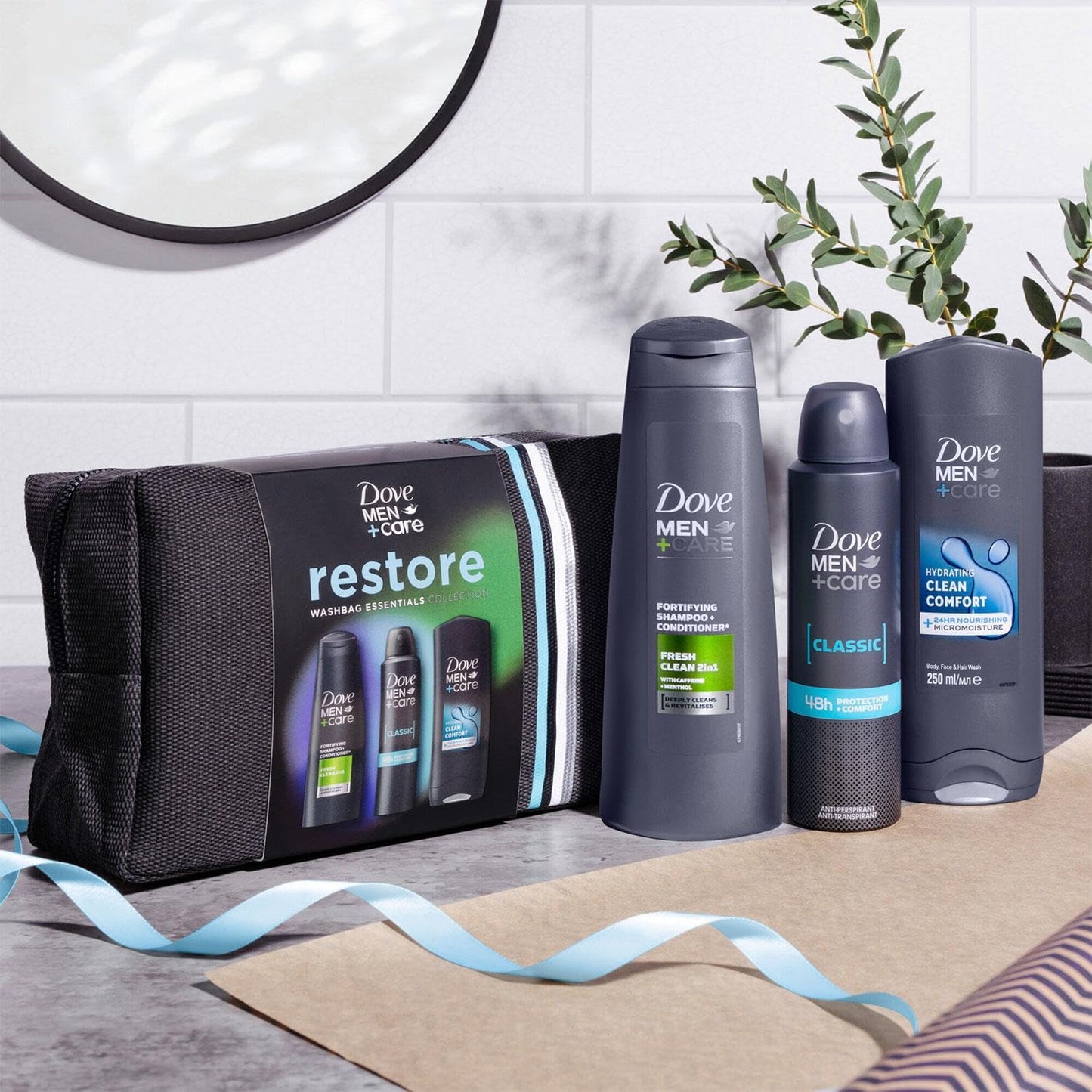 Dove Men+Care Restore Collection Clean Comfort 3in1 Body Wash 250ml, 2in1 Shampoo & Conditioner 250ml and Classic Antiperspirant 200ml Gift Set for Him with Wash Bag