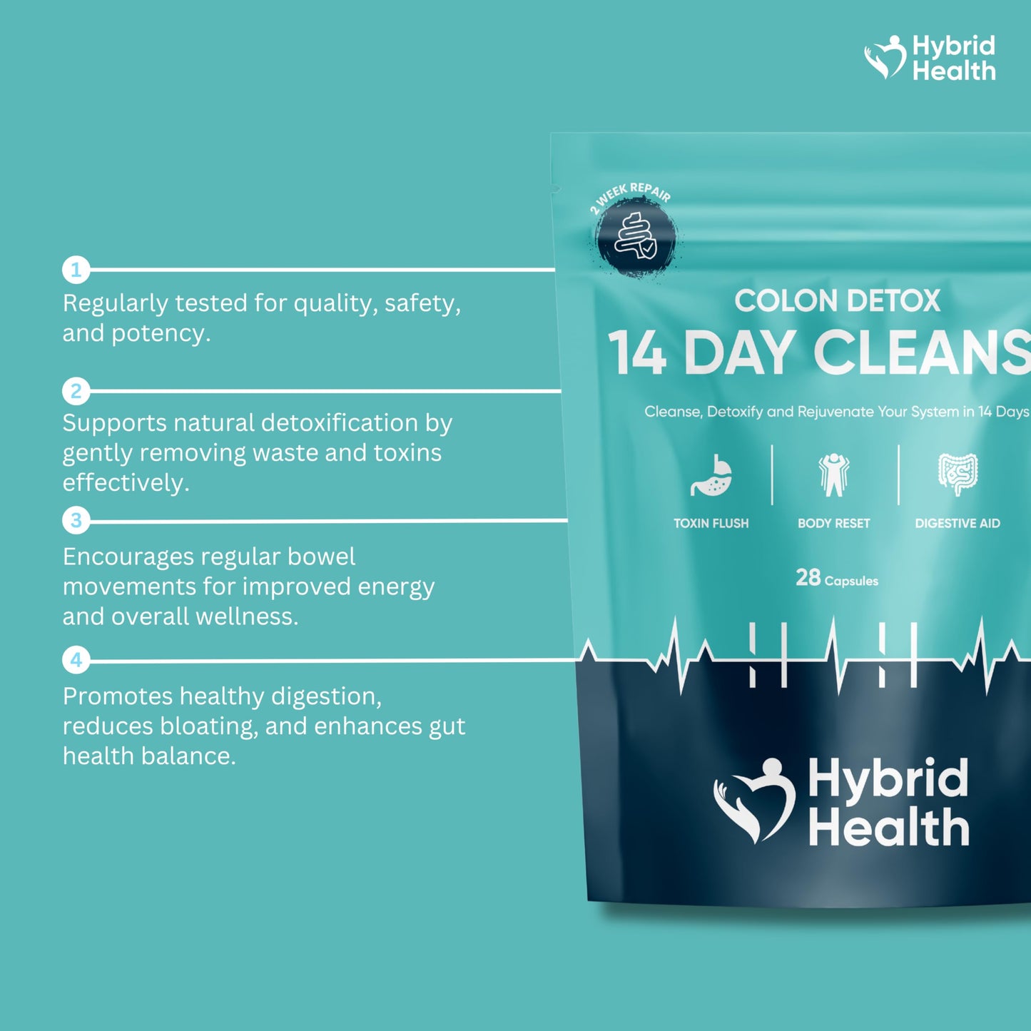 Hybrid Health Colon Cleanse Rapid 14 Day Detox Supplement for Men & Women | 28 High Strength Capsules | Eliminates Toxins, Promotes Gut Health | Non GMO Gut Cleanse