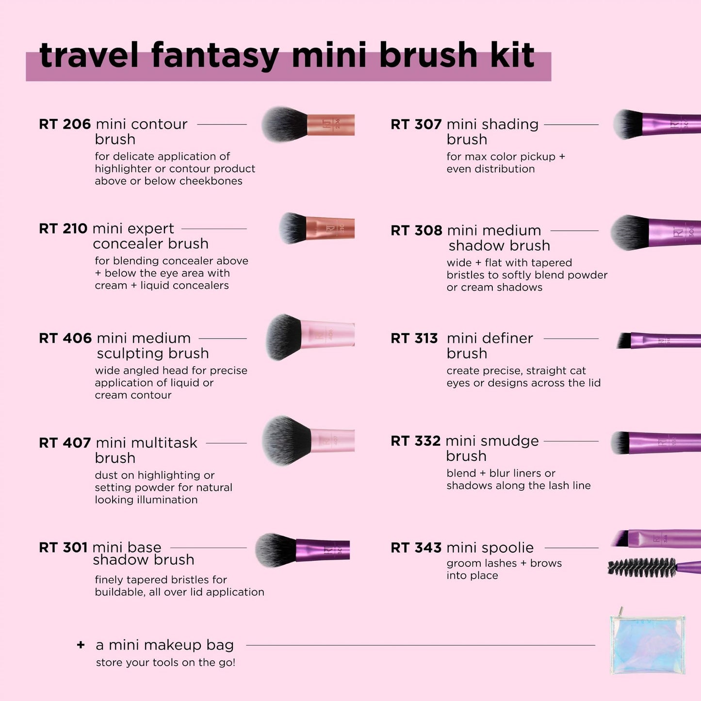 Real Techniques Travel Fantasy Mini Brush Kit, Makeup Brushes For Eyeshadow, Highlight, Contour, Powder, and Concealer, Travel-Sized Brushes and Cosmetic Bag, Synthetic Bristles, 11 Piece Set