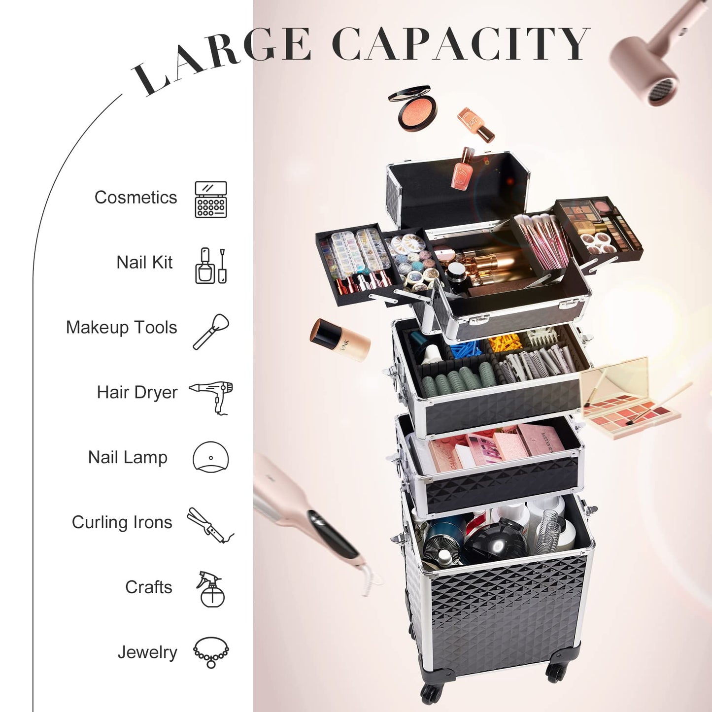 Joligrace 4-in-1 Tall Vanity Case for Women Makeup Box Make Up Beauty Trolley on Wheels Professional Large Makeup Case Organiser Rolling Box Nail Technician case with Locks (Black)
