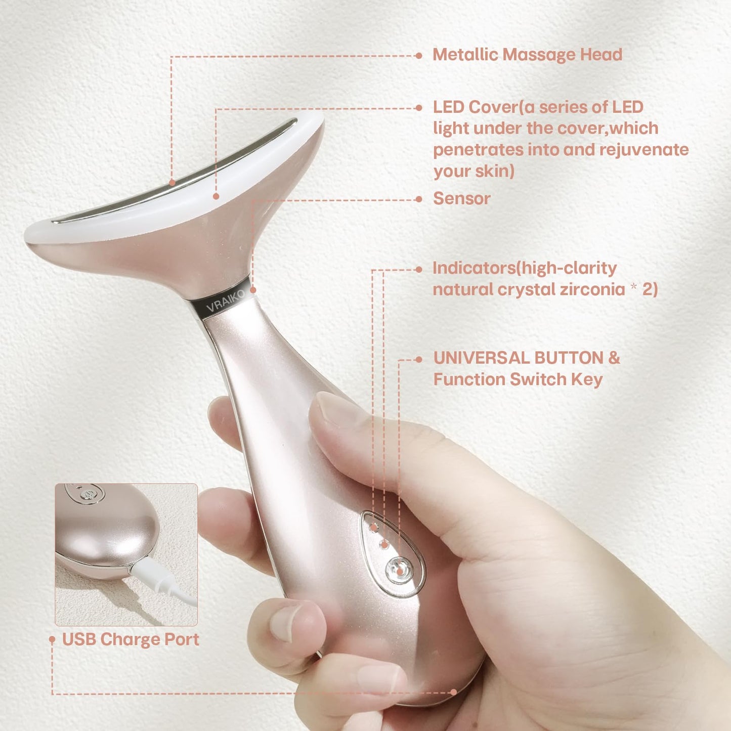 VRAIKO Lily Neck Face Massager, Face Sculpting Tool, Skin Rejuvenation Device with Thermal, Triple Action LED and Vibration, for Anti-Aging, Lifting and Tightening Sagging Skin (Rosegold)