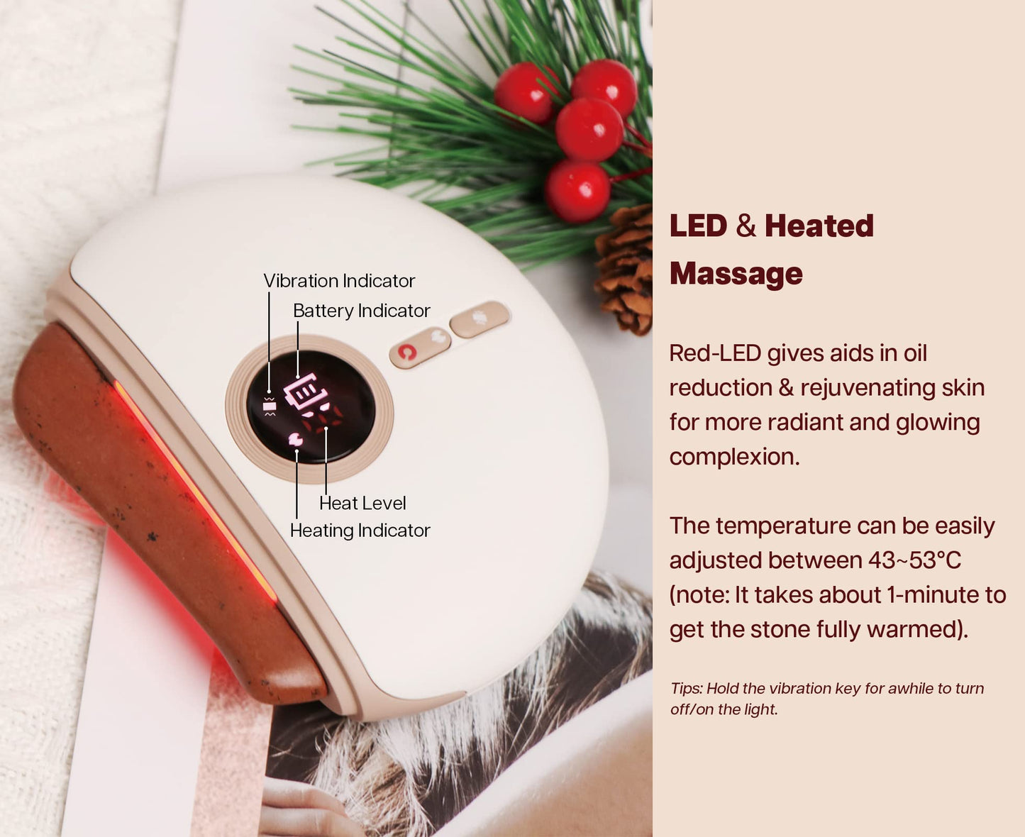 VRAIKO LUX1 LED Gua Sha Device, Bian Stone Gua Sha Facial Tool with Heat and Vibration, Face Massager for Anti-Aging Wrinkles Puffiness Skin Rejuvenation and Toning (Lux1 White)